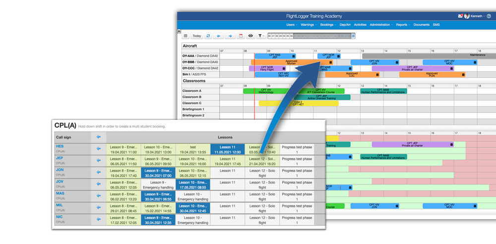 FlightLogger scheduling student overview FlightLogger scheduling student overview